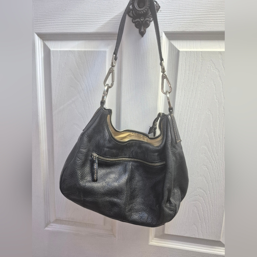 Preston AND York Black Leather Shoulder Bag with Silver Hardware